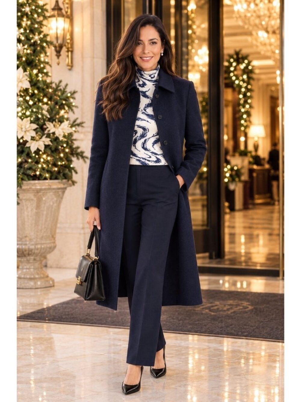 Burberrys Vintage Navy Wool Long Coat With Plaid Lining & Pockets Womens 14 Long